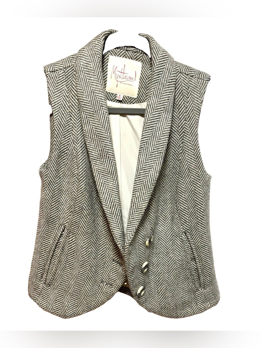 Myrtlewood Herringbone Button Front Vest in Gray & White Size Small